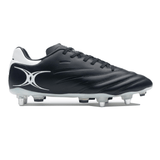 A black Gilbert soccer cleat with white accents, featuring a logo on the side and metal studs on the sole for traction, much like the Icon 6S SG rugby boots by Gilbert, designed for exceptional performance on soft ground.