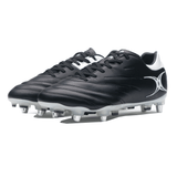 The Gilbert Icon 6S SG - Black, a pair of black soccer cleats with white accents and metal studs on the soles, is perfect for performance on soft ground and is shown against a plain white background.