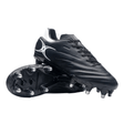 The Gilbert Icon 8S SG in black, crafted from premium leather, feature silver detailing, black laces, and metal studs on the soles. One cleat stands upright while the other lies on its side, displaying the bottom view—ideal for soft ground play.