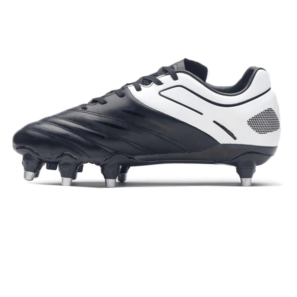 Side view of the Gilbert Icon 8S SG - Black, a premium leather rugby boot by Gilbert, featuring metal studs for traction and designed specifically for playing on soft ground grassy surfaces.