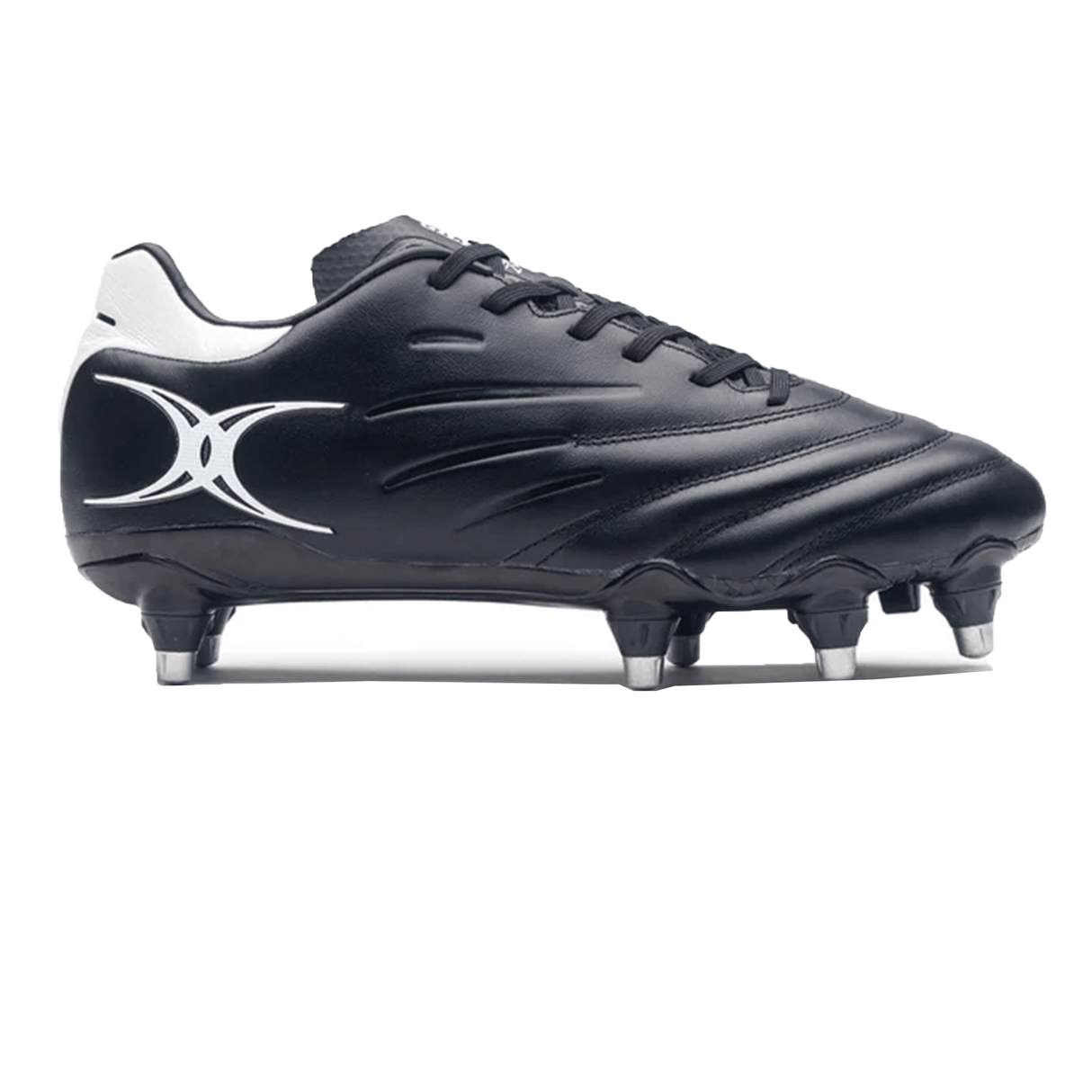 Side view of the Gilbert Icon 8S SG - Black rugby boot by Gilbert, crafted from premium leather, featuring metal studs on the sole for soft ground play, and a white logo on the heel.