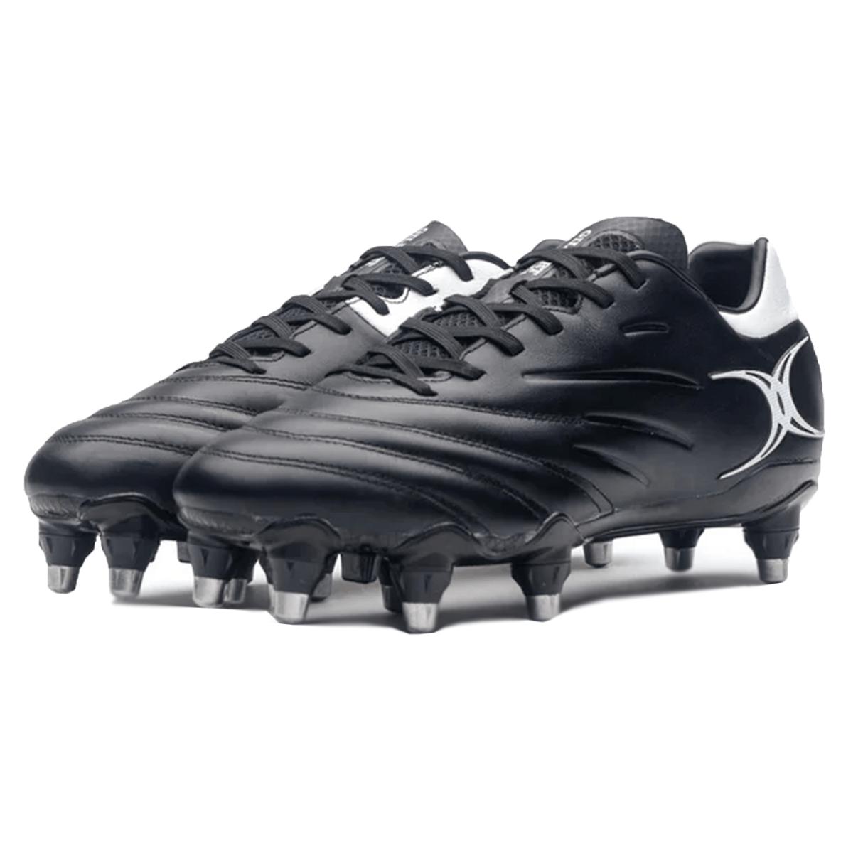 The Gilbert Icon 8S SG - Black are premium leather rugby boots featuring a white side logo and equipped with metal studs, making them ideal for soft ground conditions.