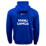 Back side of Manu Samoa long sleeve hooded pullover with Aramis Rugby under the hood and Manu Samoa in the center part of the back. 