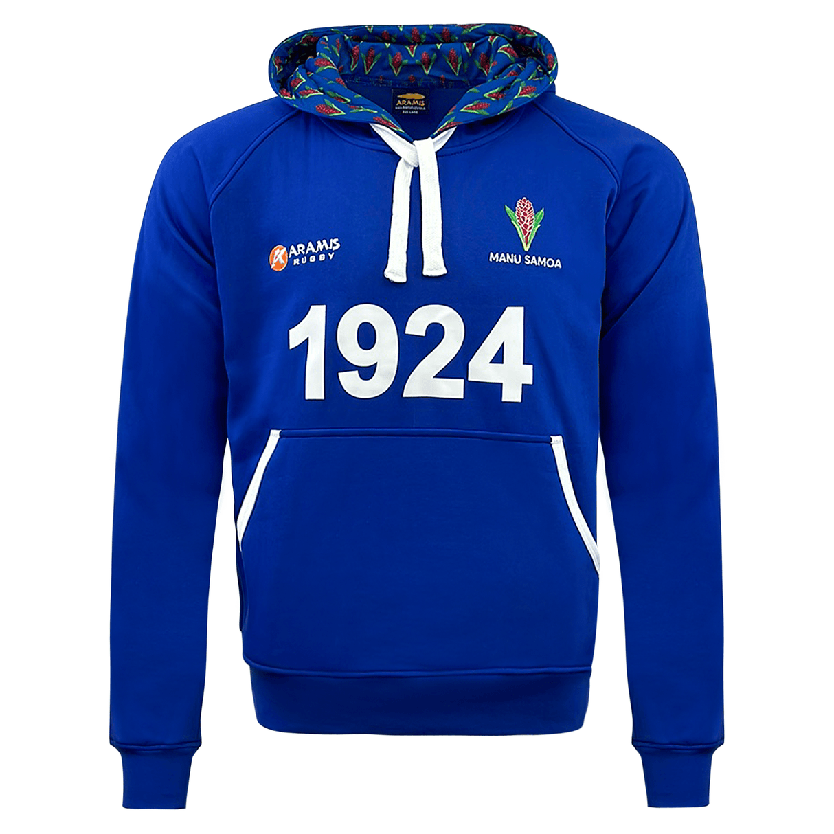 Blue long sleeve pullover hoodie with front pocket trimmed in white, white drawstring at neck, inside of hoodie lined with Manu logo, Aramis Rugby on upper right chest, Manu Samoa logo on upper left chest and 1924 across the center of the hoodie.