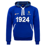 Blue long sleeve pullover hoodie with front pocket trimmed in white, white drawstring at neck, inside of hoodie lined with Manu logo, Aramis Rugby on upper right chest, Manu Samoa logo on upper left chest and 1924 across the center of the hoodie.