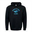 This medium-weight pullover, the Nations of Rugby Sky Argentina Rugby 60/40 Pullover Hoodie by WRS Augusta, features "Argentina Rugby" and a stylized jaguar logo in light blue printed on the front. The black athletic fleece design ensures both comfort and style.