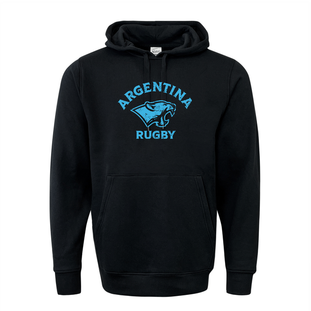 This medium-weight pullover, the Nations of Rugby Sky Argentina Rugby 60/40 Pullover Hoodie by WRS Augusta, features "Argentina Rugby" and a stylized jaguar logo in light blue printed on the front. The black athletic fleece design ensures both comfort and style.