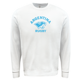 The WRS Augusta Nations of Rugby Sky Argentina Rugby Fleece Crewneck Sweatshirt is a white crewneck featuring a light blue illustration of a snarling jaguar with "Argentina Rugby" in uppercase letters above and below the image.