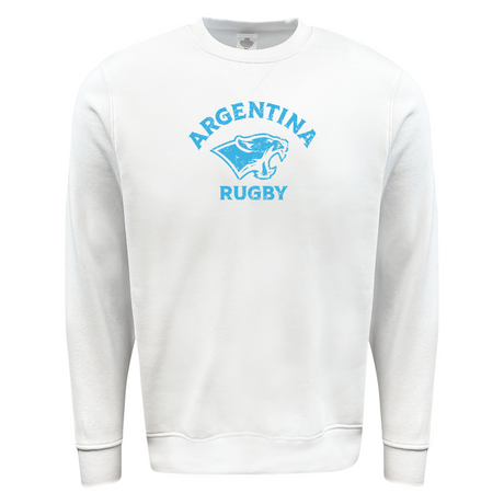 The WRS Augusta Nations of Rugby Sky Argentina Rugby Fleece Crewneck Sweatshirt is a white crewneck featuring a light blue illustration of a snarling jaguar with "Argentina Rugby" in uppercase letters above and below the image.