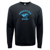 The Nations of Rugby Sky Argentina Rugby Fleece Crewneck Sweatshirt by WRS Augusta is a black fleece crewneck featuring a blue logo with a jaguar's head and the words "ARGENTINA RUGBY." Ideal for fans of the Nations of Rugby.