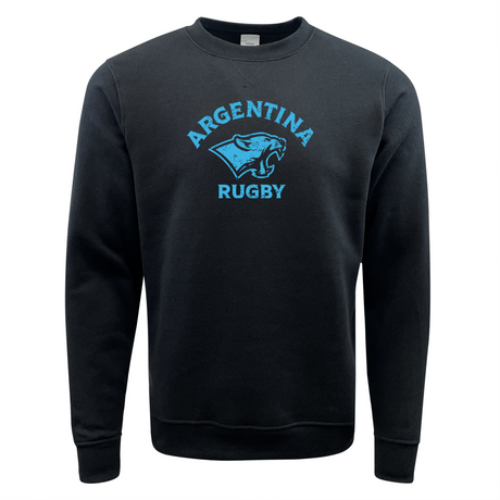 The Nations of Rugby Sky Argentina Rugby Fleece Crewneck Sweatshirt by WRS Augusta is a black fleece crewneck featuring a blue logo with a jaguar's head and the words "ARGENTINA RUGBY." Ideal for fans of the Nations of Rugby.