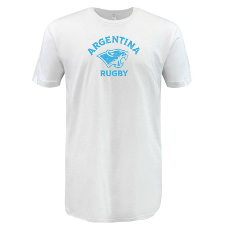 The Nations of Rugby Sky Argentina Rugby Supersoft Tee by WRS LAT, featuring a panther graphic and blue text that reads "ARGENTINA RUGBY," perfectly captures the spirit of Nations of Rugby.