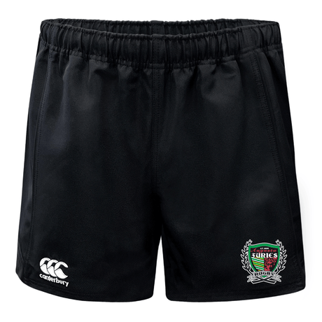 Black Augusta Furies Advantage Rugby Shorts with an elastic waistband, featuring the EMB Canterbury logo on the left and a team crest on the right.