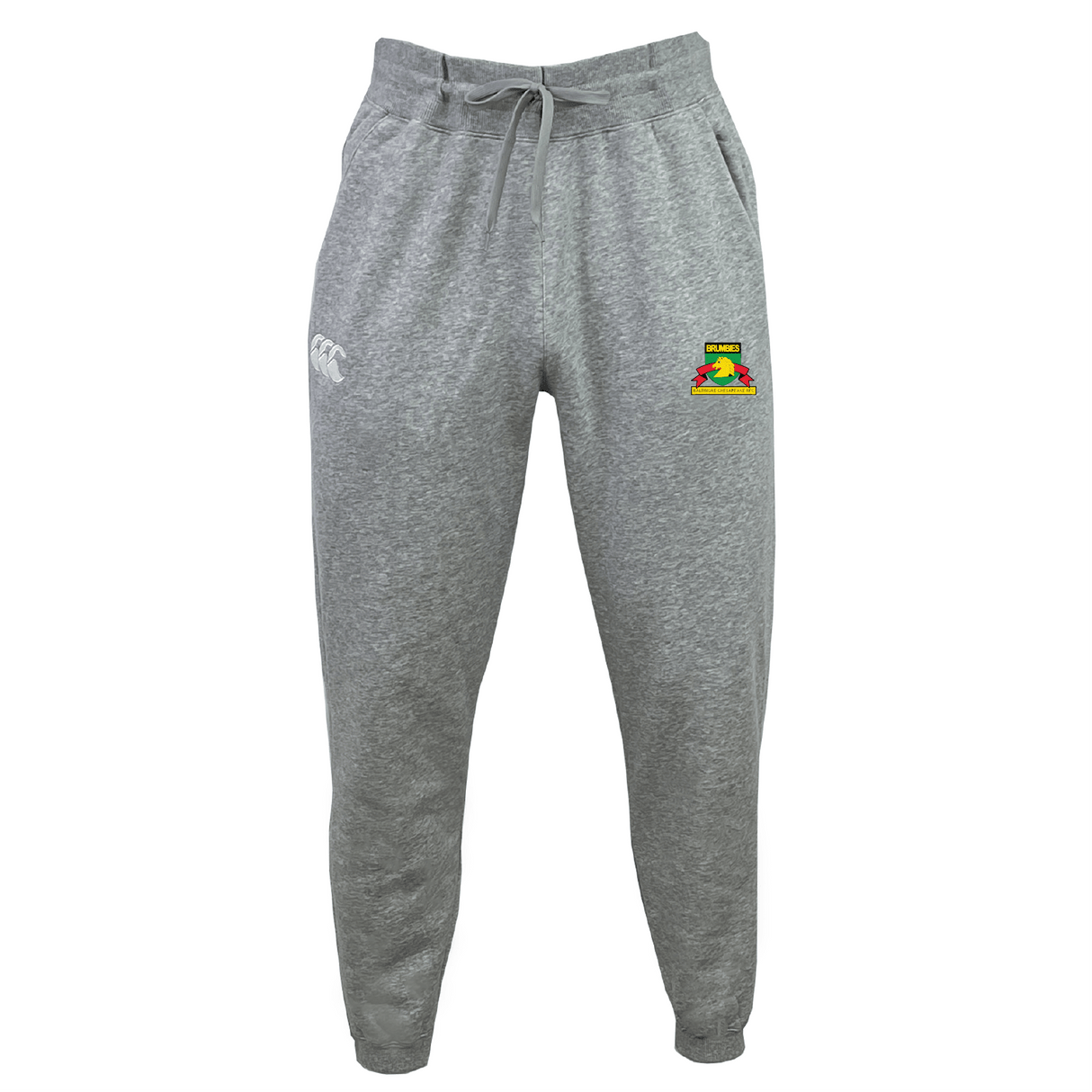 Baltimore Chesapeake Leisure Sweatpants by EMB Canterbury, crafted from organic cotton, feature an embroidered logo on the right thigh and a drawstring waistband.