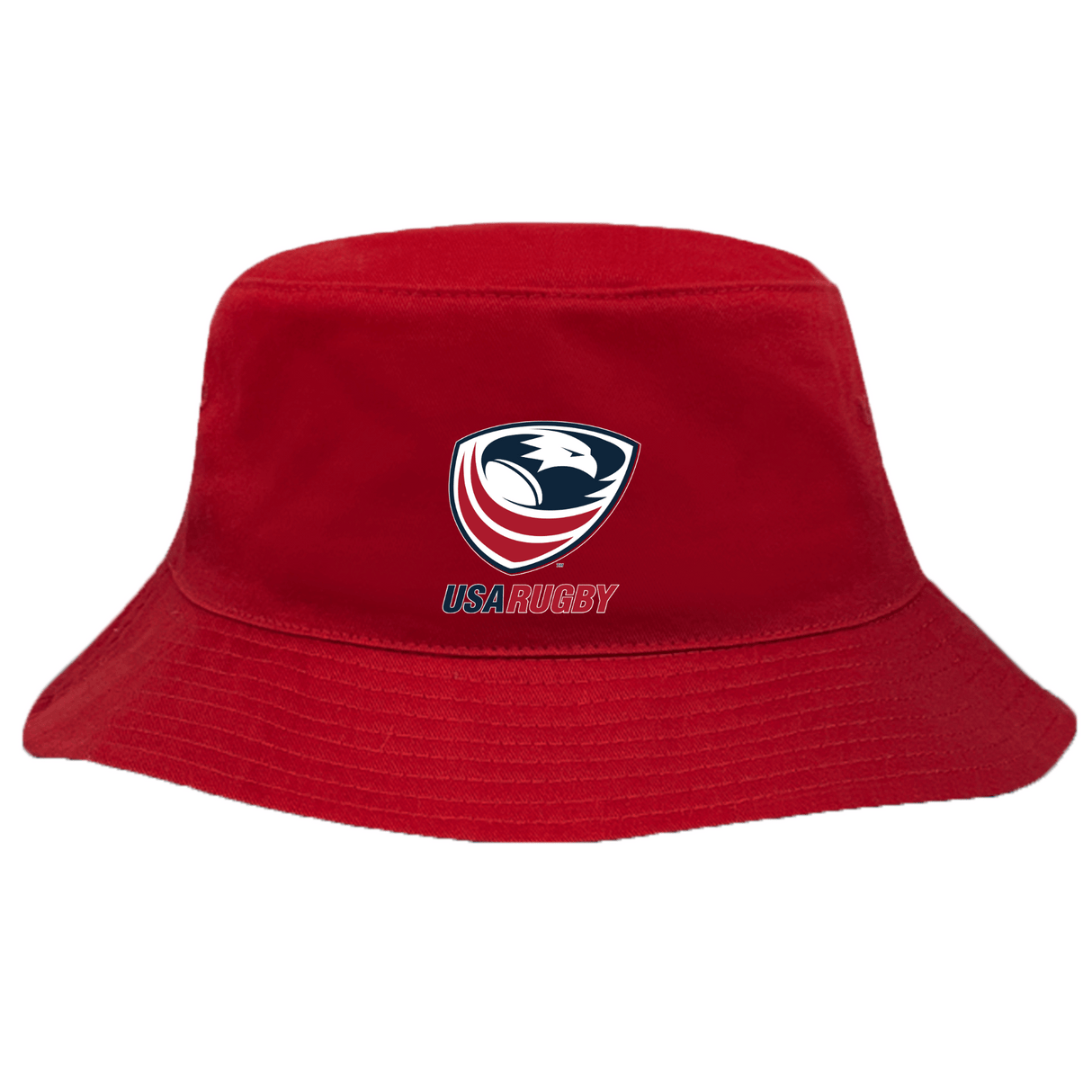 Red cotton twill USA Rugby Crest Crusher Bucket Hat by EMB Alpha Broder, offering sun protection.