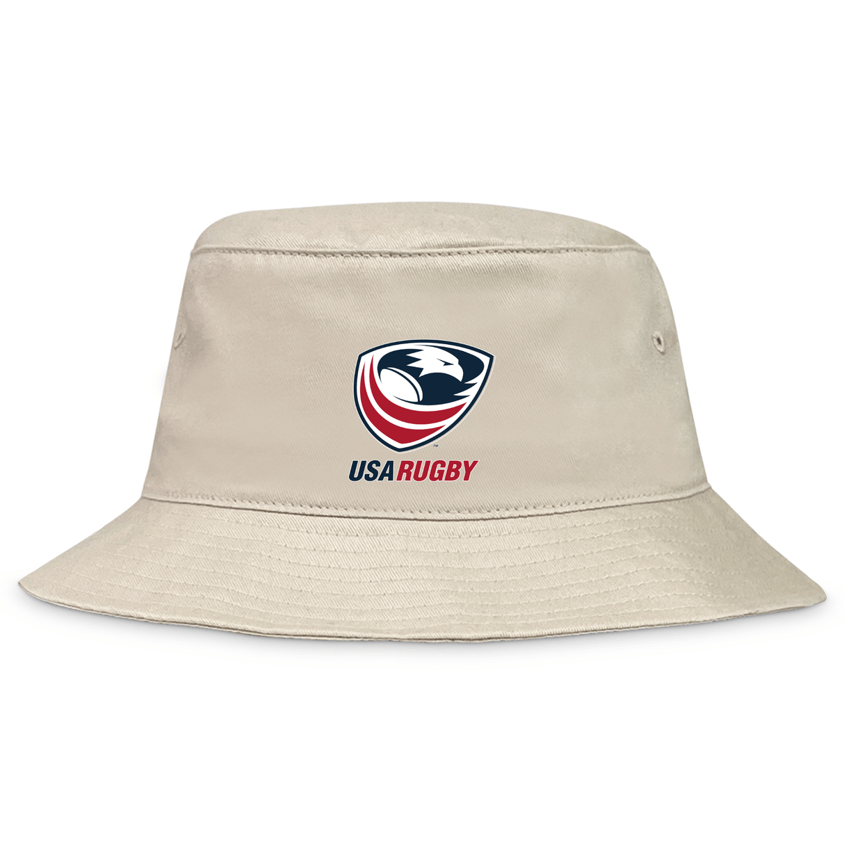 A beige cotton twill USA Rugby Crest Crusher Bucket Hat by EMB Alpha Broder, offering sun protection.