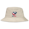 A beige cotton twill USA Rugby Crest Crusher Bucket Hat by EMB Alpha Broder, offering sun protection.