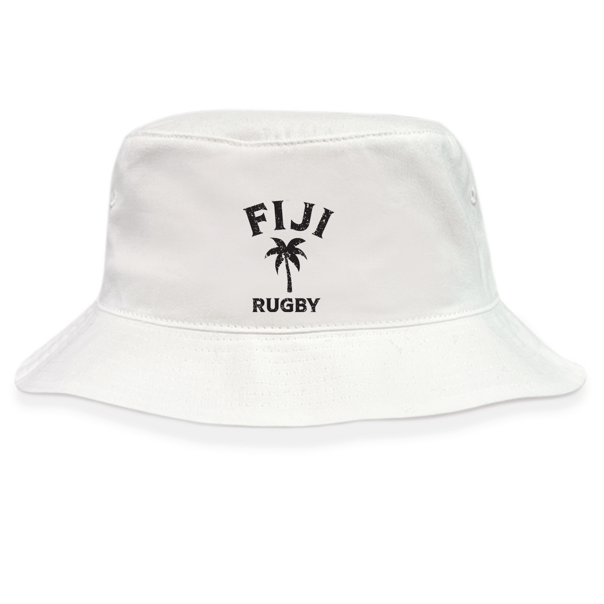 White cotton twill Nations of Rugby Fiji Rugby Crusher Bucket Hat with "Fiji Rugby" and a palm tree emblem embroidered on the front, by EMB Alpha Broder.