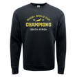 A black South Africa RWC 23 Champions Crewneck Fleece Sweatshirt that says RWC 23 Champions South Africa, by WRS Augusta.