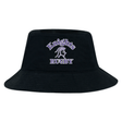 An EMB Alpha Broder Ardrey Kell Rugby Crusher Bucket Cap in black cotton twill featuring the text "Knights Rugby" and an illustration of a knight's helmet on the front, offering stylish sun protection.