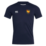 A navy blue Cincinnati Classical Academy Club Dry Tee by EMB Canterbury with Vapodri technology, featuring a logo on the right chest and a lion crest on the left chest.