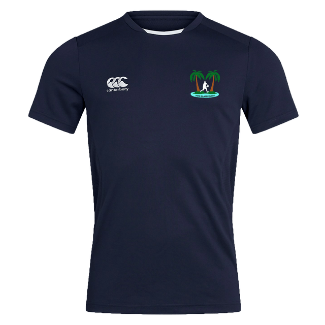 Navy blue Twin Island Rugby Club Dry Tee by EMB Canterbury with Vapodri Technology and a small logo featuring a palm tree on an island on the left chest area.