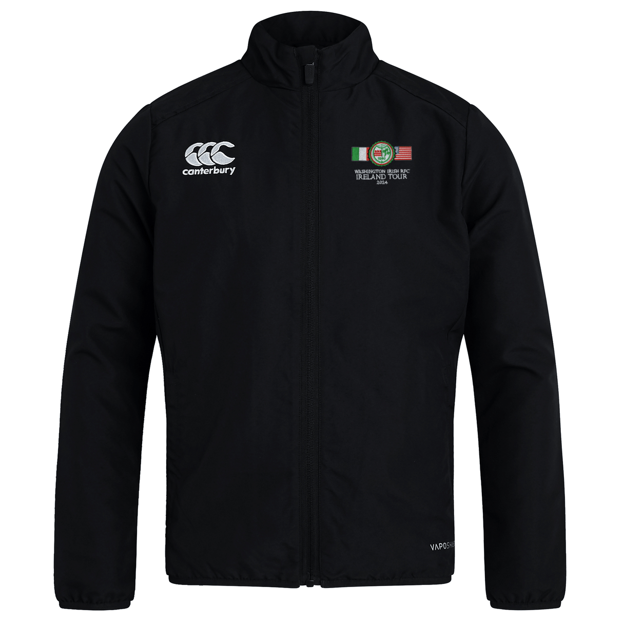 A lightweight Washington Irish Rugby Ireland Canterbury Club Track Jacket with a red, green and white EMB Canterbury logo.