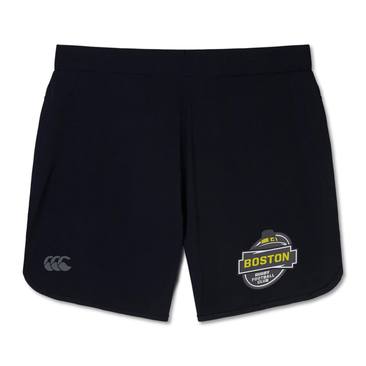 Navy blue Boston RFC Elite Woven gym shorts featuring a boston football festival logo on the left leg and zipped pockets by EMB Canterbury.