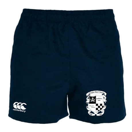 Navy blue EMB Canterbury Professional Polyester Rugby Shorts with a white embroidered logo on the left thigh and a team crest on the right thigh.