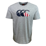 Sure, here's the rewritten sentence using the given product data:

The Canterbury USA Flag Logo Tee by Canterbury features a gray design adorned with a CCC logo in blue, showcasing an American flag pattern on the rightmost "C" — perfect for displaying your patriotic spirit during the 2024 Olympics or while celebrating the 4th of July.