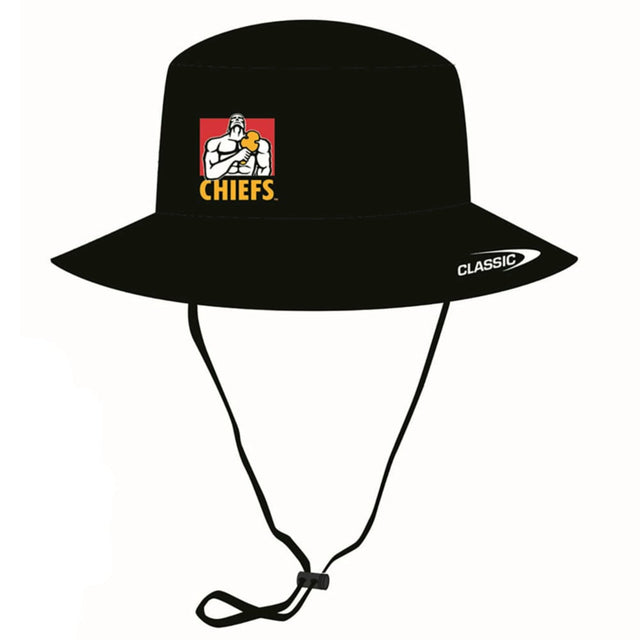 Black bucket hat with embroidered Chiefs and Classic logos with draw string.