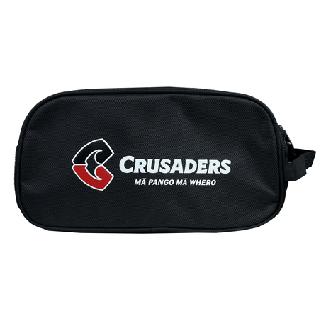 The Crusaders Super Rugby Zipper Boot Bag by DryWorld is a black bag featuring a Crusaders logo with a stylized knight's helmet in red and black, along with the text "Crusaders" and "Mā Pango Mā Whero" in white. It's perfect for any Super Rugby fan.