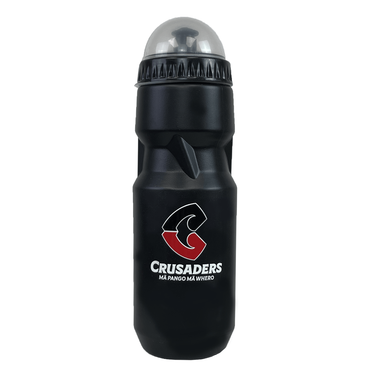 Introducing the Crusaders Super Rugby Water Bottle by DryWorld: a sleek black bottle showcasing the iconic Crusaders logo and the inspiring phrase "Mā Pango Mā Whero" boldly printed in white and red.