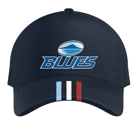 A Classic Sportswear Blues Super Rugby 2024 Media Cap with a red, white, and blue stripe.