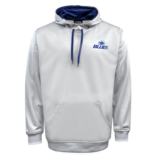 A light gray polyester hoodie with a dark blue hood lining, featuring "BLUES" and a logo on the chest. This Blues Super Rugby Supporters Hoodie 24 by Classic Sportswear includes a front pocket and drawstrings, perfect for supporters.