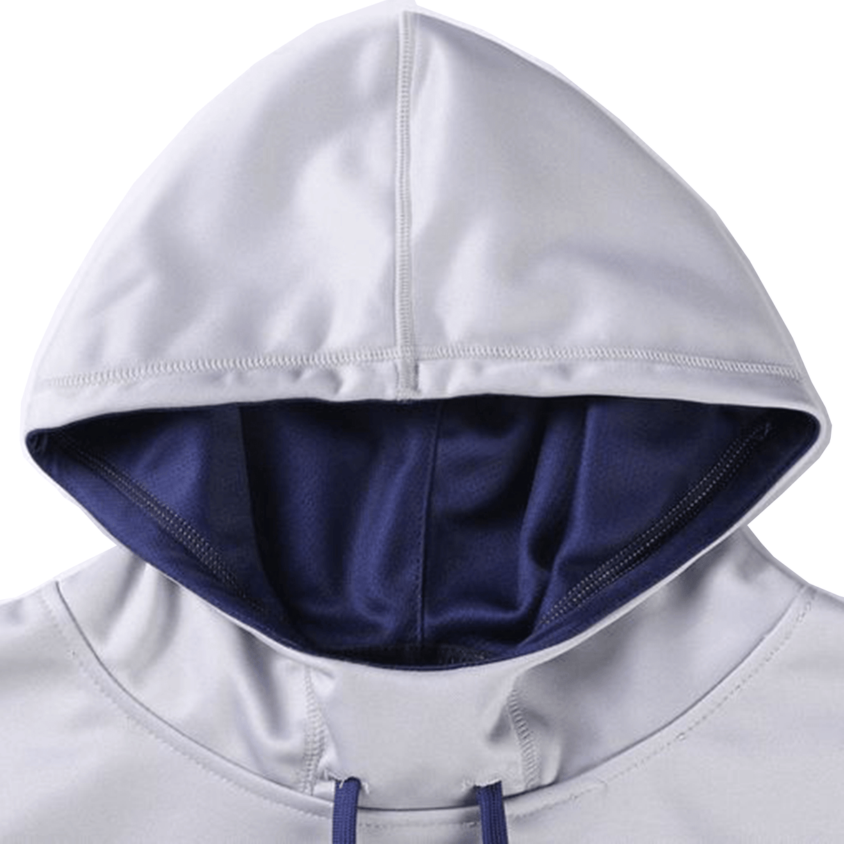 Close-up of the Blues Super Rugby Supporters Hoodie 24 by Classic Sportswear, featuring a light gray polyester exterior with a dark blue inner lining. The hood is designed with a stitched seam down the center and drawstrings at the base, providing the perfect look for any Blues Super Rugby fan.