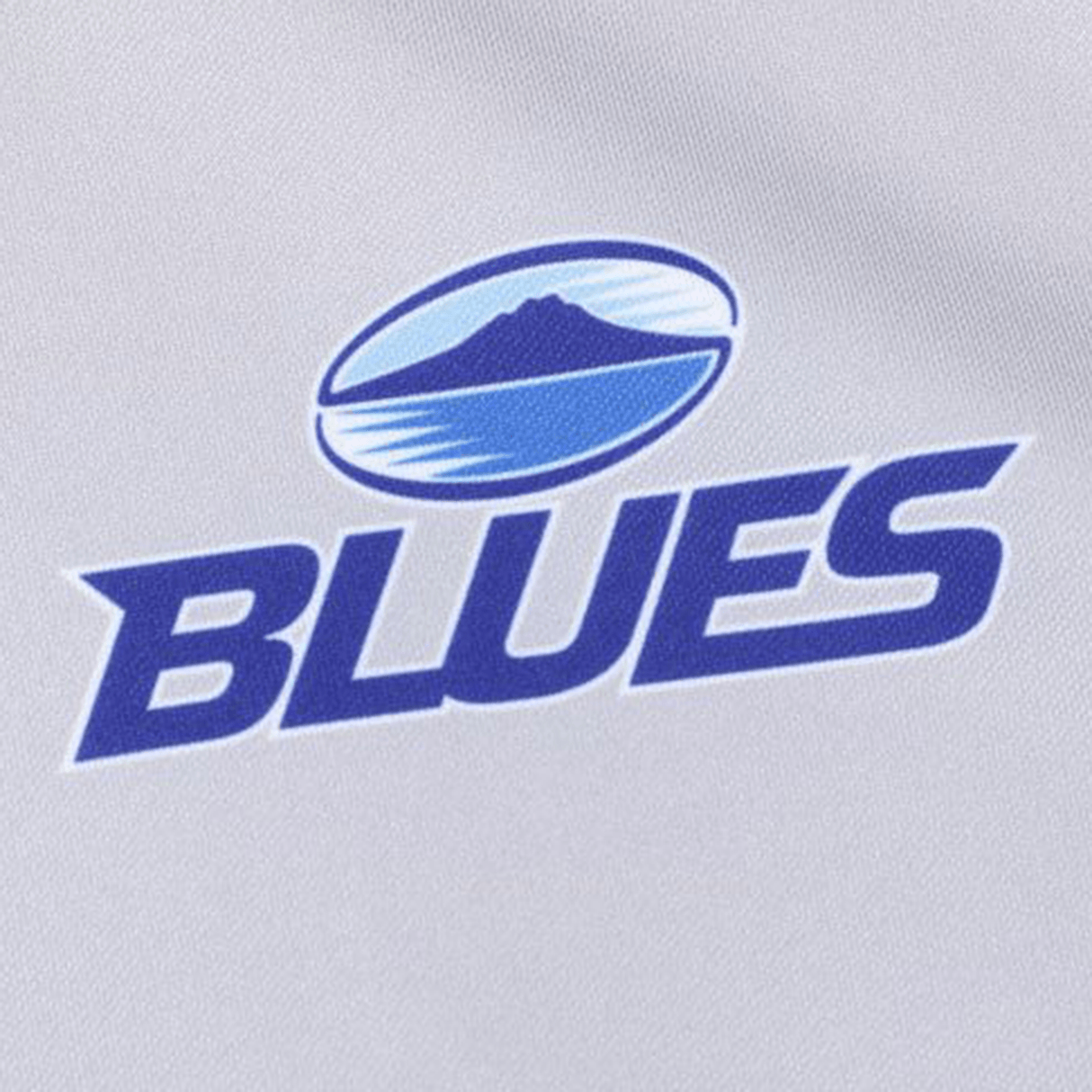 Close-up of a logo on the Blues Super Rugby Supporters Hoodie 24 by Classic Sportswear, featuring the word "Blues" in bold blue letters with an oval containing a stylized mountain and water above it. This hoodie proudly showcases your team spirit.