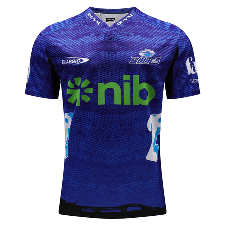 Experience unmatched comfort with the Blues Super Rugby Home Jersey 24 by Classic Sportswear. Made from moisture-wicking fabric, it features a sleek pattern, prominently displaying the "Blues" logo and "nib" sponsor—essential for any Super Rugby fan.