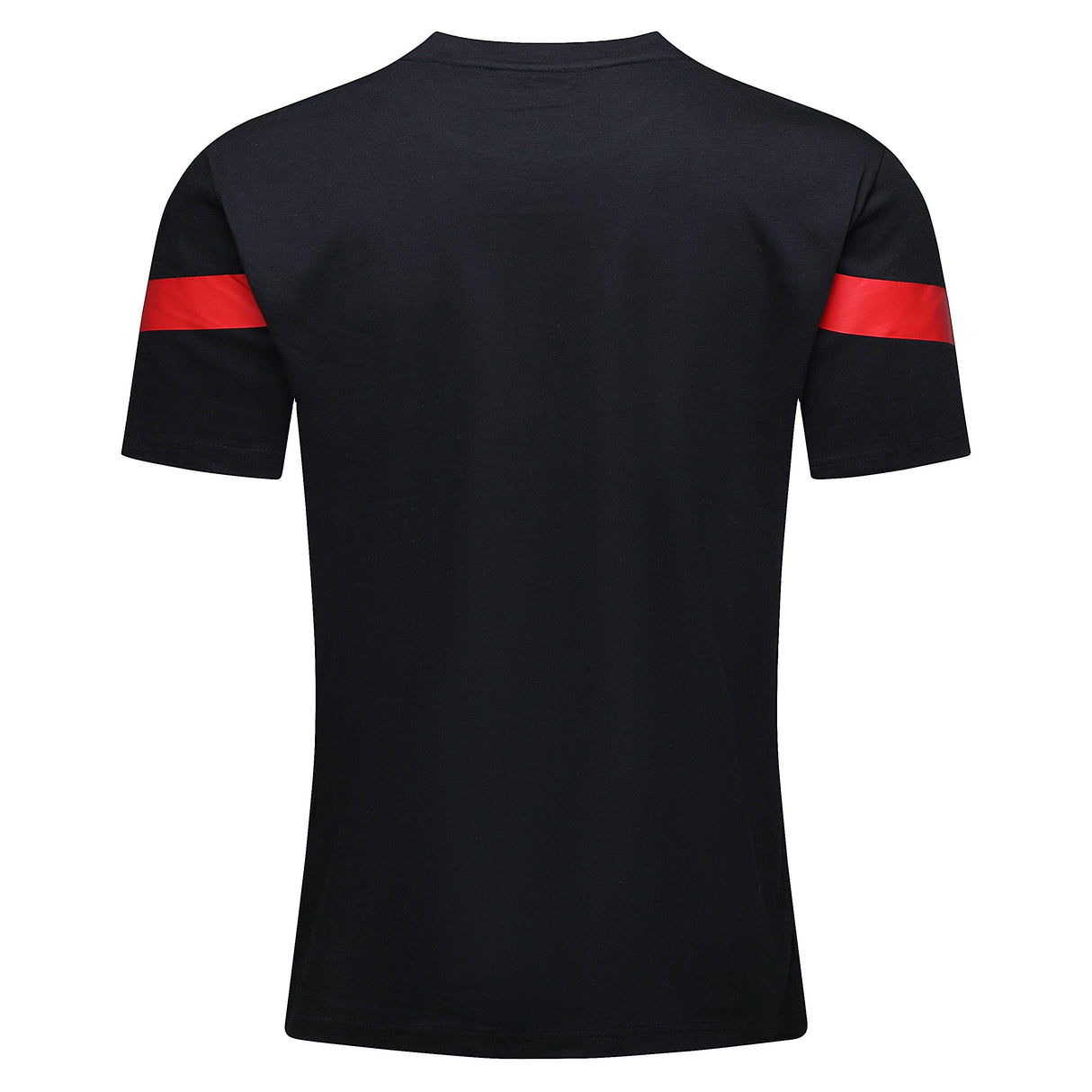 Back view of the Gallagher Chiefs Super Rugby Supporters Tee 24 by Classic Sportswear, showcasing a sleek black short-sleeved design with a striking horizontal red stripe on the arms.