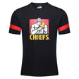 The Gallagher Chiefs Super Rugby Supporters Tee 24 by Classic Sportswear features a black t-shirt with a logo of a muscular, flexing man holding a yellow dumbbell. Below the logo, the word "CHIEFS" is printed in yellow text. The t-shirt also boasts red stripes on the sleeves, making it an ideal choice for any Gallagher Chiefs fan as the ultimate Super Rugby 2024 supporters tee.