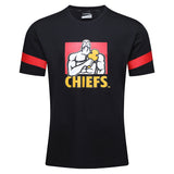 The Gallagher Chiefs Super Rugby Supporters Tee 24 by Classic Sportswear features a black t-shirt with a logo of a muscular, flexing man holding a yellow dumbbell. Below the logo, the word "CHIEFS" is printed in yellow text. The t-shirt also boasts red stripes on the sleeves, making it an ideal choice for any Gallagher Chiefs fan as the ultimate Super Rugby 2024 supporters tee.