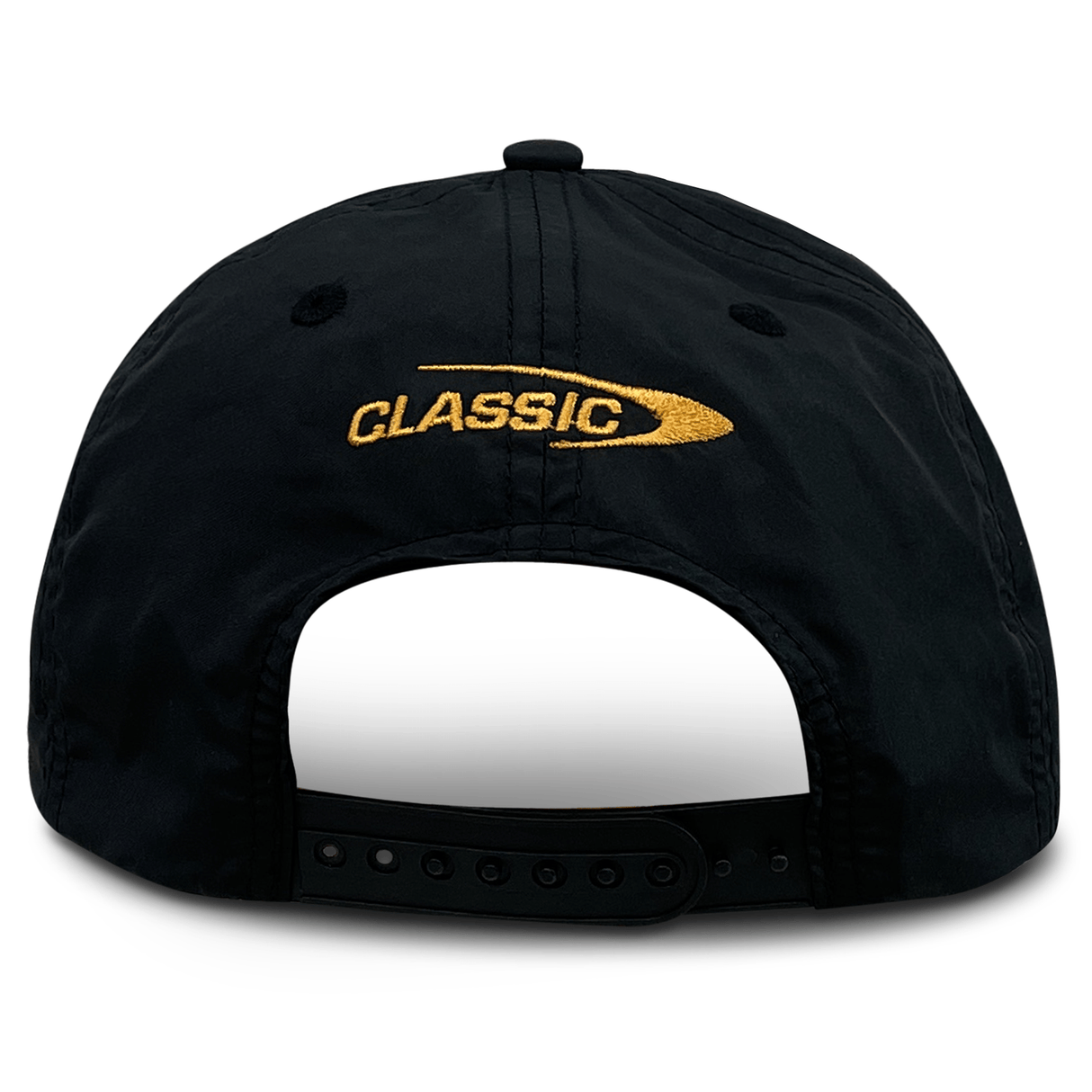 The Gallagher Chiefs Super Rugby Media Cap 24 by Classic Sportswear, a black baseball cap viewed from the back, features the word "CLASSIC" embroidered in yellow thread above the adjustable strap—perfect for Chiefs Rugby enthusiasts.