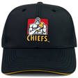 The Gallagher Chiefs Super Rugby Media Cap 24 by Classic Sportswear is a black cap featuring an embroidered graphic of a figure holding food with the word "CHIEFS" below, celebrating the Chiefs Rugby team.