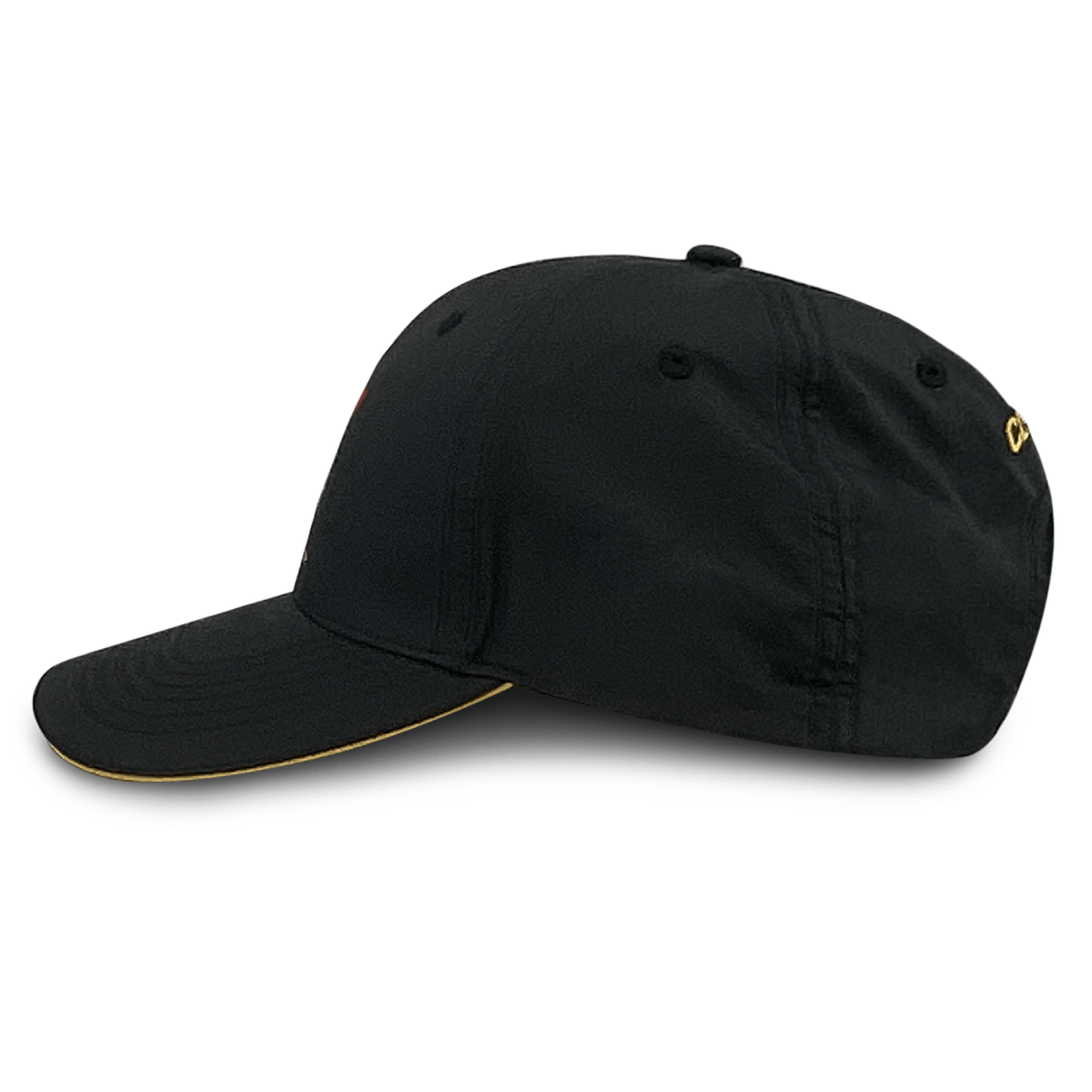 Side view of a black Gallagher Chiefs Super Rugby Media Cap 24 by Classic Sportswear, featuring a curved brim and stitching details.