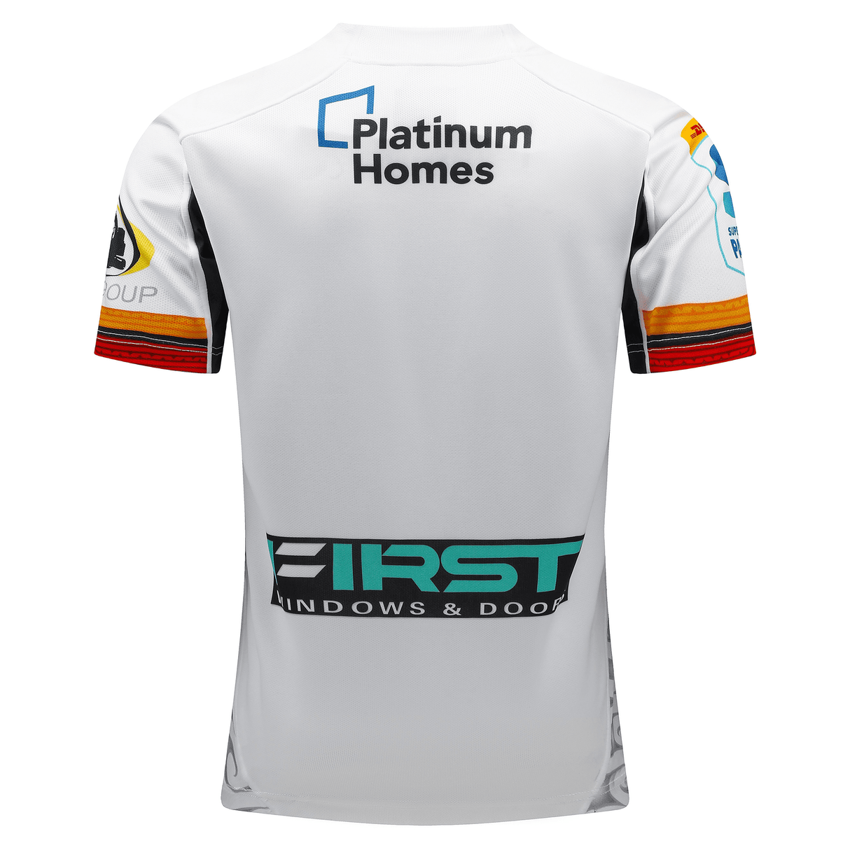 Back view of the Gallagher Chiefs Super Rugby Away Jersey 24 by Classic Sportswear in white, showcasing various sponsor logos such as Platinum Homes and First Windows & Doors.