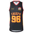 The Gallagher Chiefs Super Rugby Supporters Basketball Singlet 25/26 by Classic Sportswear is a black singlet with red and yellow trim, featuring "96" and "CHIEFS" on the front, plus a logo of a muscular figure with a basketball. Made from polyester performance fabric, it offers moisture-wicking to stay dry during games.