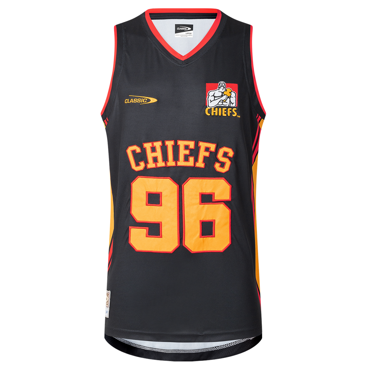 The Gallagher Chiefs Super Rugby Supporters Basketball Singlet 25/26 by Classic Sportswear is a black singlet with red and yellow trim, featuring "96" and "CHIEFS" on the front, plus a logo of a muscular figure with a basketball. Made from polyester performance fabric, it offers moisture-wicking to stay dry during games.