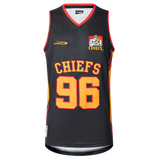 The Gallagher Chiefs Super Rugby Supporters Basketball Singlet 25/26 by Classic Sportswear is a black singlet with red and yellow trim, featuring "96" and "CHIEFS" on the front, plus a logo of a muscular figure with a basketball. Made from polyester performance fabric, it offers moisture-wicking to stay dry during games.