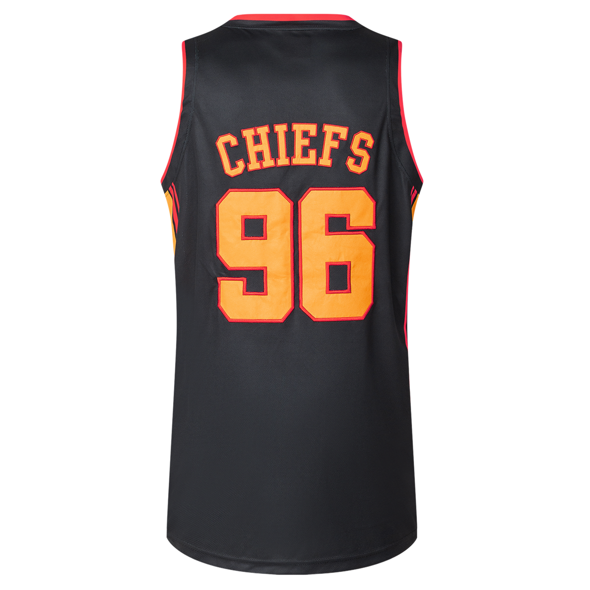 The Gallagher Chiefs Super Rugby Supporters Basketball Singlet 25/26 by Classic Sportswear is black with "CHIEFS" and "96" in vibrant orange and yellow on the back, made from moisture-wicking polyester to keep you cool during intense games.