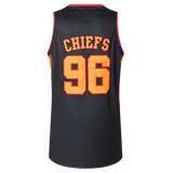 The Gallagher Chiefs Super Rugby Supporters Basketball Singlet 25/26 by Classic Sportswear is black with "CHIEFS" and "96" in vibrant orange and yellow on the back, made from moisture-wicking polyester to keep you cool during intense games.